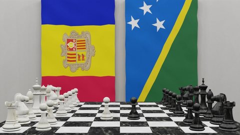 Andorra vs Solomon Islands at the chess board. The concept of political relations between countries. 3d animation