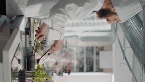 Vertical video: People cooking professional food recipe in restaurant kitchen, using fresh vegetables to prepare gourmet meal. Diverse team of cooks making authentic menu dish for gastronomy cuisine
