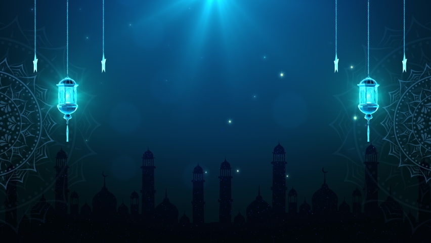 4K Loop Background of Eid Al Adha Mubarak and Traditional Lanterns Ramadan Islamic with Particle Lighting on Blue Animation. Eid or islamic new year. Fireworks moon and Ramadan Kareem message. Royalty-Free Stock Footage #1089089953