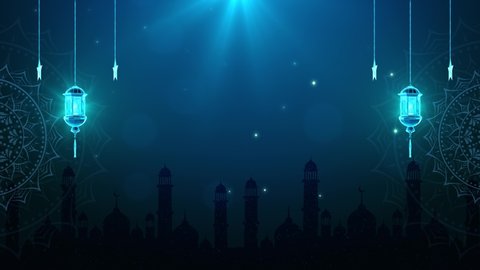 4K Loop Background of Eid Al Adha Mubarak and Traditional Lanterns Ramadan Islamic with Particle Lighting on Blue Animation. Eid or islamic new year. Fireworks moon and Ramadan Kareem message.