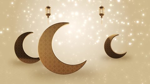 4k 3d Backgrounds of islamic design concept with hanging ramadan candle or mosque lantern. Eid Mubarak card with moon, lanterns, stars and fireworks. Eid greeting cards. Eid Al Adha greetings card.