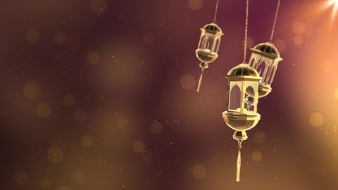 Arabic islam culture festival greeting motion design Loop animation. Beautiful eid mubarak islamic design concept with hanging candle lantern muslim mosque. Eid Ul Fitr, Eid Al Adha Happy Holidays