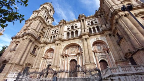 Malaga Cathedral on a nice sunny day, wide angle view seen in March 2022, Malaga, Spain 