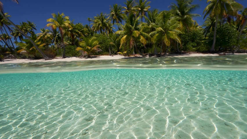 Split shot, camera emerges, half above, half below water of a tropical beach in Fakarva, second biggest atoll in French Polynesia in the south pacific ocean in Slow motion Royalty-Free Stock Footage #1089090857