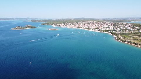 Pakostane at Zadar, Dalmatia, Croatia - Aerial Drone View of the Coastline with Boats, Beaches, Islands and Picturesque Village