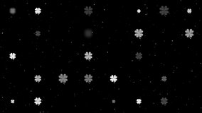 Template animation of evenly spaced four-leaf clover symbols of different sizes and opacity. Animation of transparency and size. Seamless looped 4k animation on black background with stars