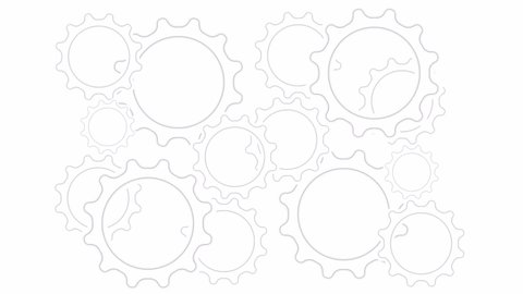 Background vector video (animation) of a gear train, on which the gear wheels rotate in different directions on a white background (loading screen)
