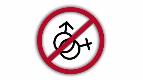 Vector video (animation) of a prohibition sign on which male and female gender signs appear and rotate (means no sex)