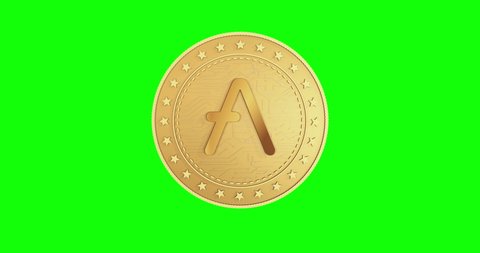 Aave altcoin cryptocurrency isolated gold coin on green screen loopable background. Rotating golden metal looping abstract concept. 3D loop seamless animation.