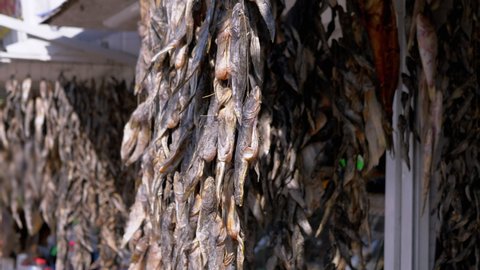 Dried Small Fish, Gobies Hanging on Hooks on the Open Stalls of Street Market. Salted, dry, dried fish for sale in the sunlight outdoors. People passing by stalls, buyers. Trade seafood outside. 4K.
