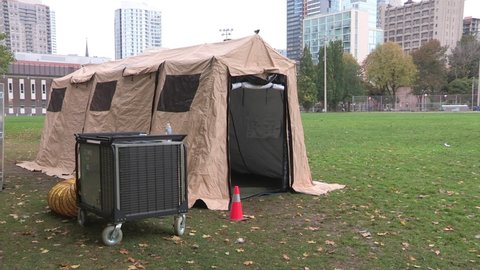 Toronto, Ontario, Canada September 2021 Drug harm reduction workers and safe use tents in Toronto during opioid crisis
