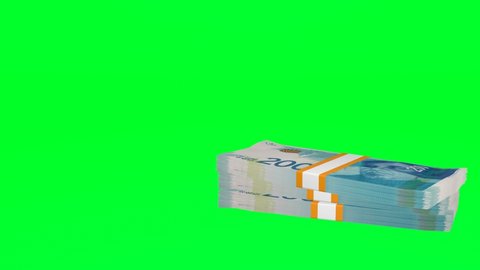 Many wads of money falling on chromakey background. 200 Israeli Shekel banknotes. Stacks of money. Financial and business concept. Green screen.