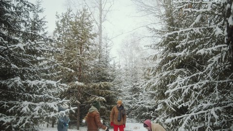 Zoom in shot of excited multiethnic friends having snowball fight in winter woods
