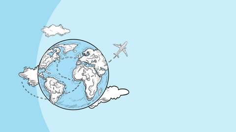 Let's Travel Concept Retro Hand Drawn Animated Banner  Design Template. Plane Flying and Traveling Around the World. Globe Earth and clouds sky Add Your Own Text or Design in The Empty Place. 4K Video
