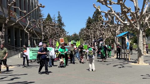 Berkeley, CA - April 9, 2022: 4K HD video of unidentified participants marching for womens right to abortion. Leaving Sproul Plaza on UC Berkeley campus heading down Telegraph.