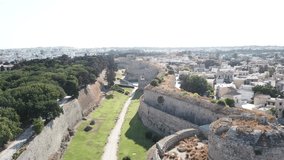 Aerial footage of the ancient walls surrounding the old town of Rhodes