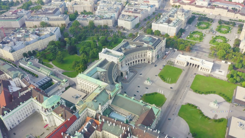 Inscription on video. Vienna, Austria. Hofburg Palace (Neue Burg). Prince Eugen - The statue of the horseman. Flight over the city of Vienna. Name is burning, Aerial View, Point of interest