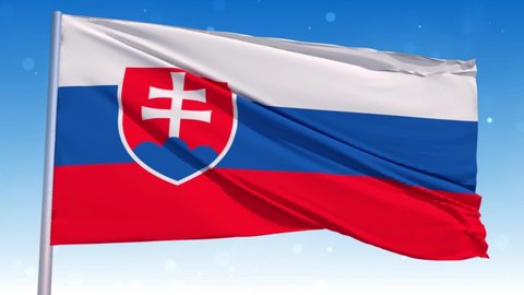 Waving National Flag Of Slovakia In The Wind With Pole On Cloudy Fog Glitter Air particles Flying Blue Sky 3D Rendering Seamless Loop With Alpha Matte