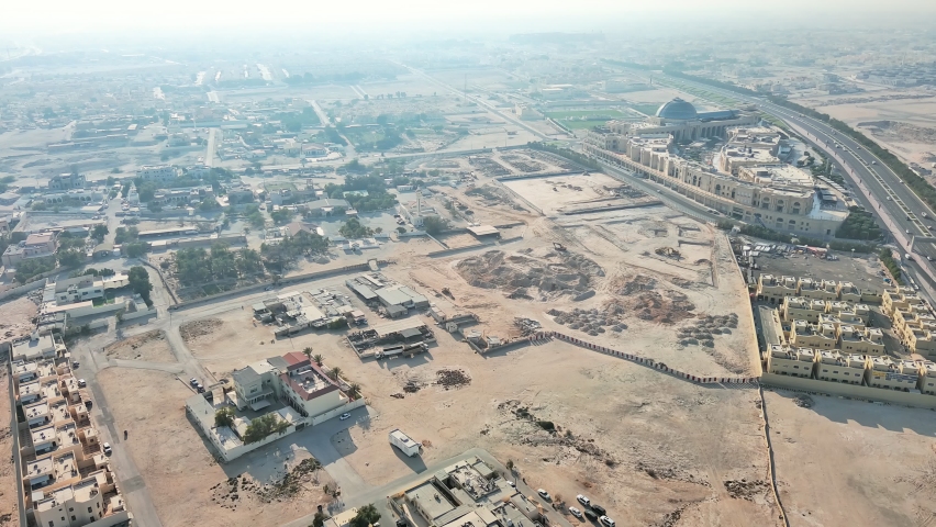 Doha, Qatar: Aerial view of capital city of Qatar - landscape panorama of Arabian Peninsula from above, West Asia