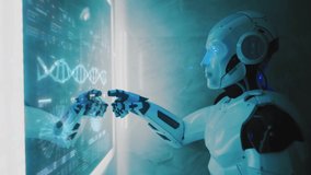 Futuristic Robot is activated with Hologram Panel scanning. Touch Screen Scan Interface. Robot interaction with Artificial intelligence AI . Biometric Identification Scan Concept. Animation with - Powered by Shutterstock - Get 15% off with code: PIKWIZARD15