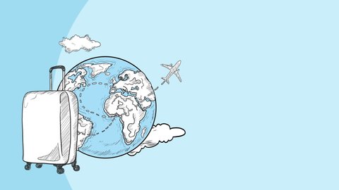 Let's Travel Concept Retro Hand Drawn Animated Banner Design Template. Plane Flying and Traveling Around Globe Earth with clouds sky and Baggage Add Your Text or Design in The Empty Place. 4K Video