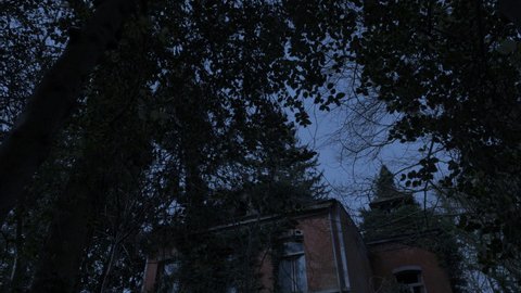 Night time ruin of a spooky mansion in a forest camera tilt down from sky