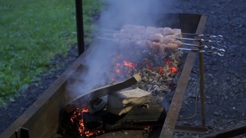 meat skewers on the grill with smoke
