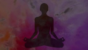 An animation 4k video of a lotus black meditation silhouette with the seven chakras being highlited in sequence, on a moving colourbackground.