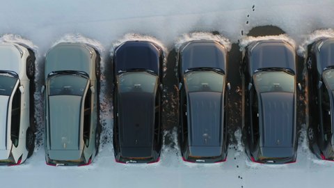 Aerial top down view of the car park of a car dealership or customs terminal with rows of new SUVs (crossovers)