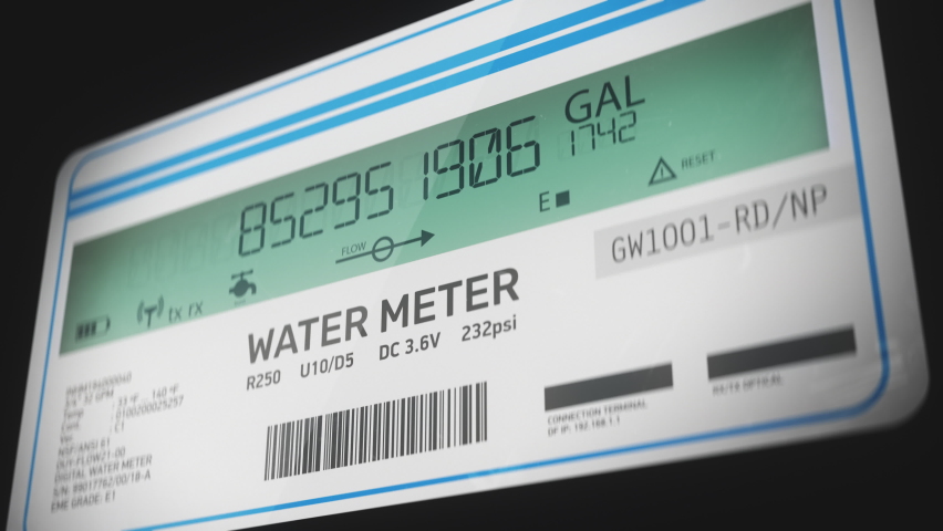Smart water meter showing volume of gallons used by residence, utility bills. Digital imperial water meter measuring water usage | Shutterstock HD Video #1089120101