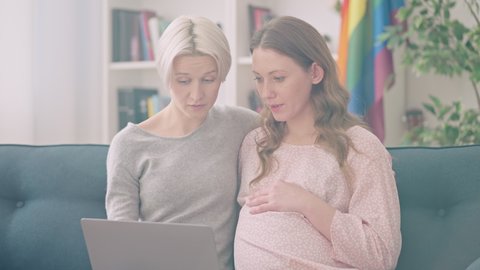 Lesbian couple preparing for childbirth, doing shopping online on laptop
