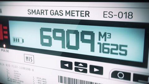 Residential gas meter showing energy consumption, volume in cubic metres used. Digital metric gas meter measuring gas usage