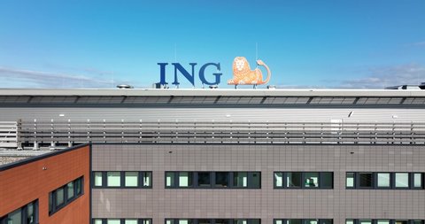 Amsterdam, 6th of March 2022, The Netherlands. ING international commercial major bank financial institution office and logo on a office building facade. Aerial drone view