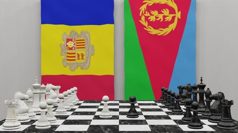 Andorra vs Eritrea at the chess board. The concept of political relations between countries. 3d animation