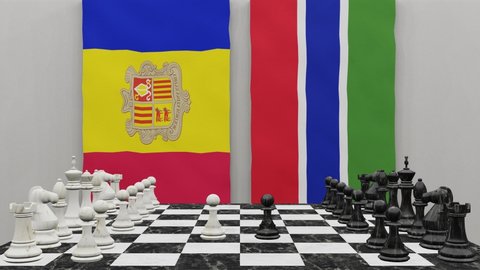 Andorra vs Gambia at the chess board. The concept of political relations between countries. 3d animation