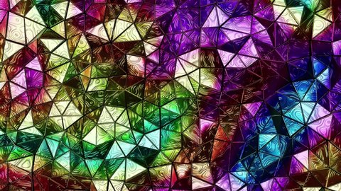 Realistic abstract looping 3D animation of the moving trippy psychedelic colors iridescent metallic triangles pattern rendered in UHD as motion background