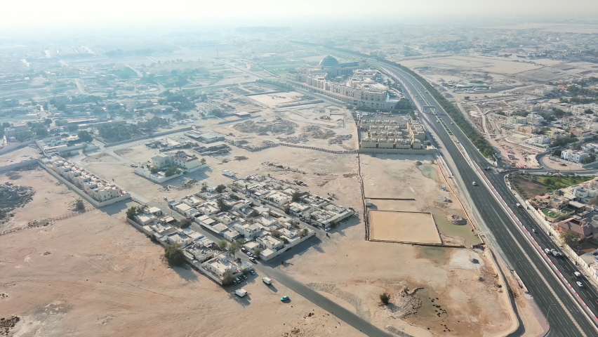 Doha, Qatar: Aerial view of capital city of Qatar - landscape panorama of Arabian Peninsula from above, West Asia