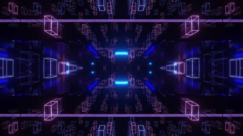Fly through symmetrical tunnel with neon glow 3d objects, sci fi glow pattern. Bright reflection neon light. Simple bright background, sci fi structure. 4k seamless looped animation.