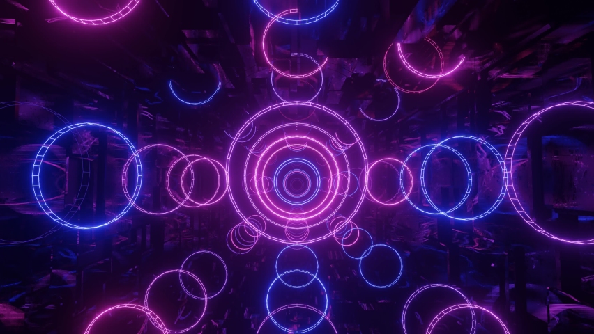 Hi-tech neon sci-fi tunel. Trendy neon glow lines form pattern and construction in mirror tunnel. Fly through technology cyberspace. 3d looped seamless 4k background.flickering 3d object night club Royalty-Free Stock Footage #1089126803
