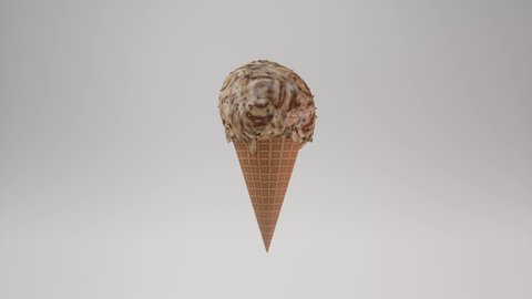 3D melting ice cream with waffle cone, 4K seamless loop render animation