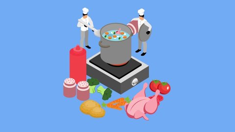Two chefs animation preparing chicken soup while using a pan and standing in the kitchen. Cartoon in 4k resolution