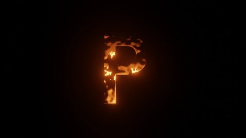 3D fiery font P seamless loop animation on black background. 4K video