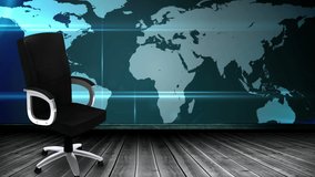 Animation of office chair over world map. global business, finances, data processing and digital interface concept digitally generated video.