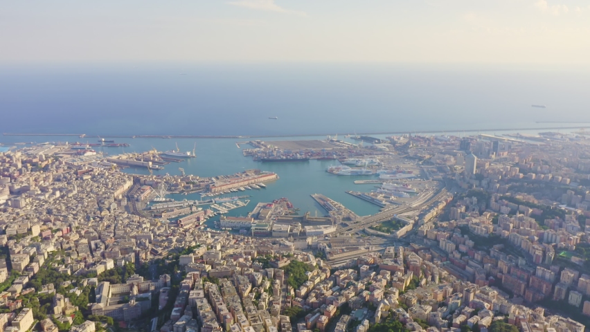 Inscription on video. Genoa, Italy. Central part of the city, aerial view. Ships in the port. Glitch effect text, Aerial View