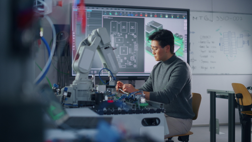 Asian Male Engineer Sitting at Table Using Robot Hand and Engineering; Turning and Looking at Camera. Robot is Moving Under his Control. Education and Robotics Concept Royalty-Free Stock Footage #1089136507