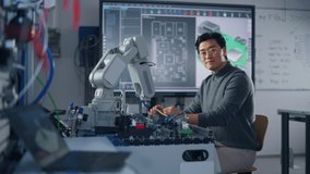 Asian Male Engineer Sitting at Table Using Robot Hand and Engineering; Turning and Looking at Camera. Robot is Moving Under his Control. Education and Robotics Concept - Powered by Shutterstock - Get 15% off with code: PIKWIZARD15