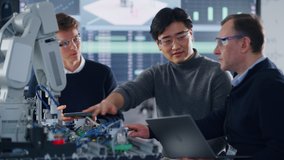 Students Advising with their Male Teacher while Working on Project with Robotic Arm. People with Tablet and Laptop at Hands. Modern Technologies, Science and Developing Concept - Powered by Shutterstock - Get 15% off with code: PIKWIZARD15