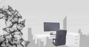 Animation of network of connections spinning over empty office and cityscape. global business, finance and connections concept digitally generated video.