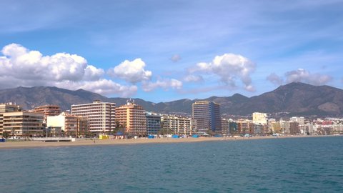 Fuengirola, Spain - March 09 2022: Panoramic view of Fuengirola city. View of promenade area of the city, Los Boliches Beach and San Francisco Beach. Touristic travel destination in Costa del Sol