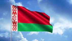 Flag of Belarus.Motion. A bright two-colored flag with a pattern on a white stripe flies in the sky.